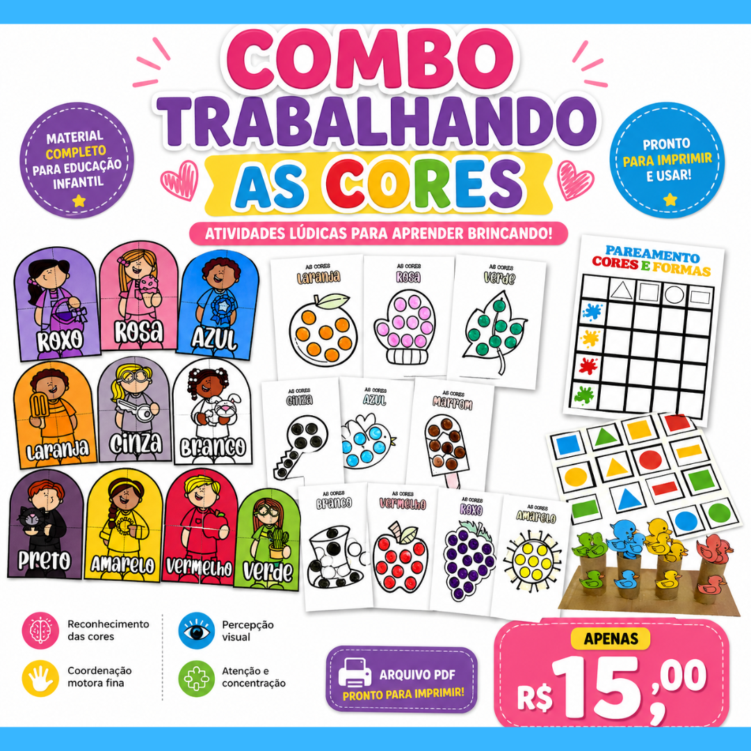 📚Trabalhando as Cores na Educação Infantil COMBO 5 ATIVIDADES PRONTO PARA IMPRIMIR